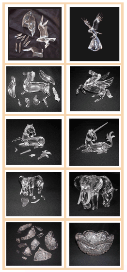 8 pictures of damaged and repaired crystal glass